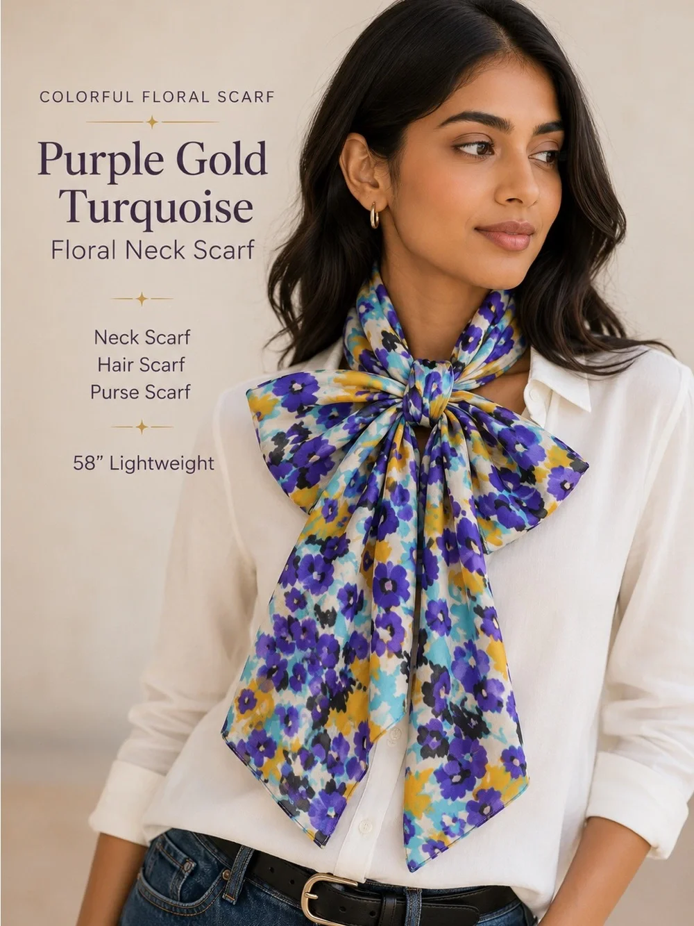 Colorful Floral Silk-Look Scarf 58” Purple Turquoise Gold Hair Neck Purse Wrap